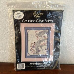 Vintage 1986 Golden Bee Wedding Announcement Birds Cross Stitch Kit 60243